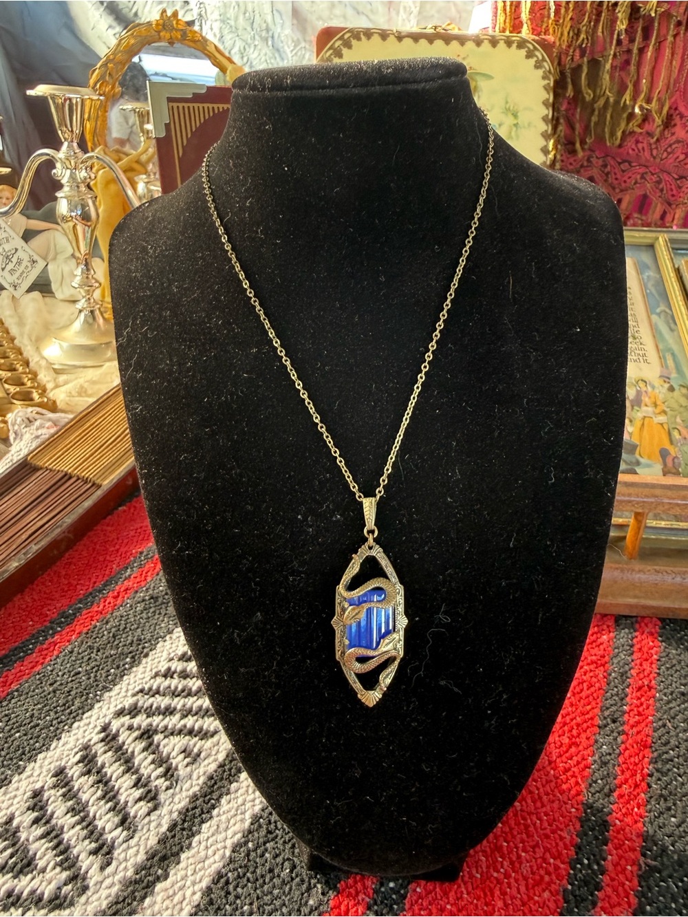Circa 1900s Czech Blue Glass Snake Pendant Necklace